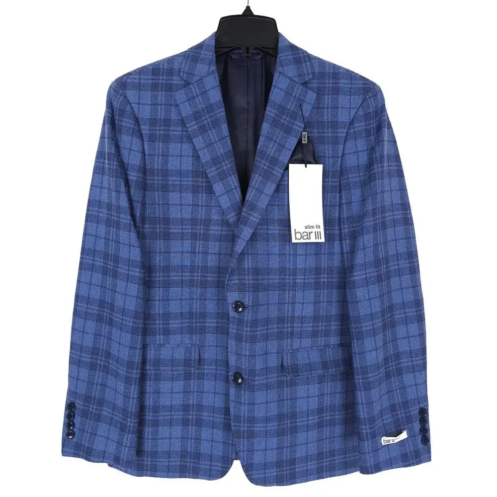 Bar III Mens Slim Fit Sport Coat Blazer 44R Blue Plaid Linen Cotton Blend NWT
