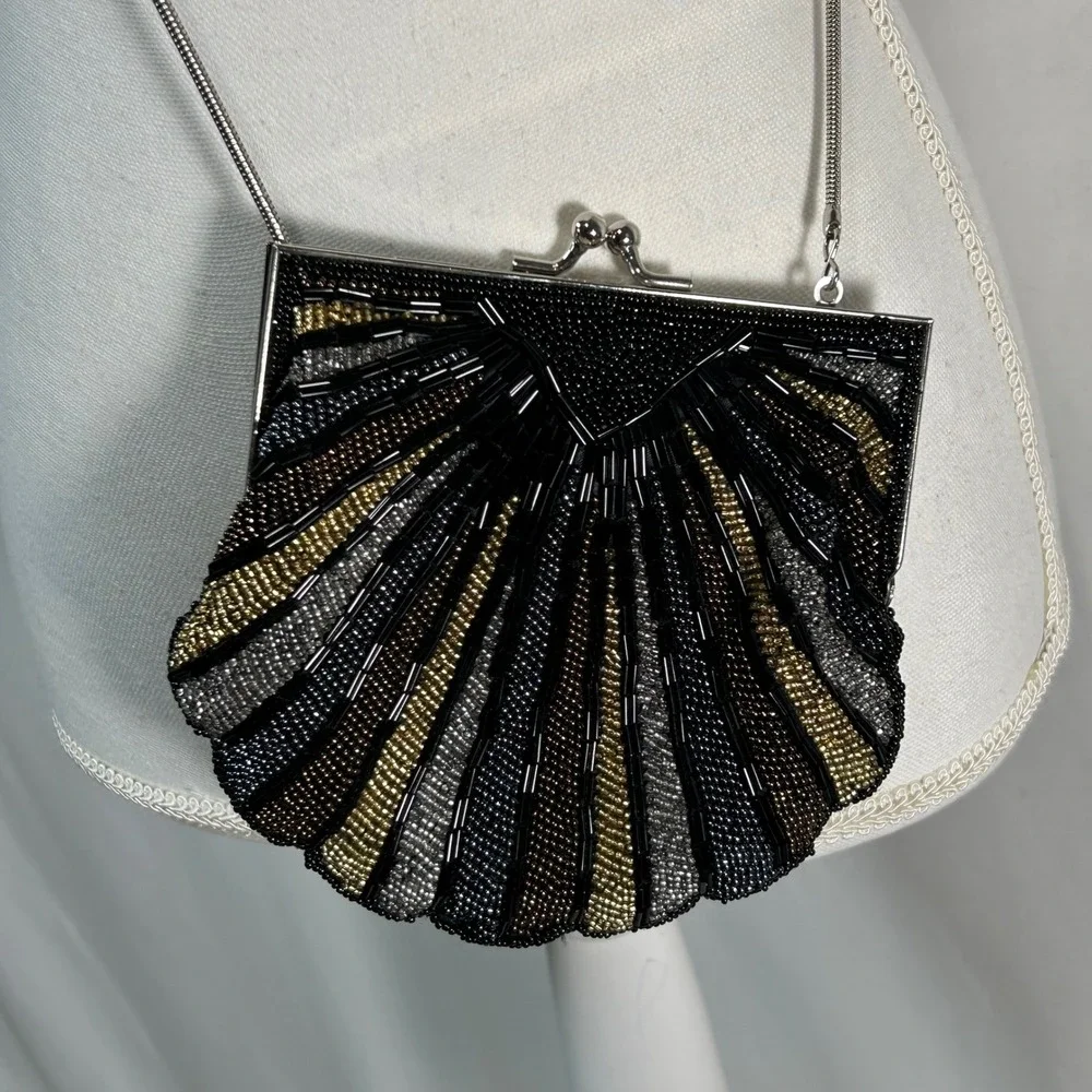 Rebecca‎ Malone Beaded Fan Evening Clutch Purse Silver Chain Flapper Art Deco