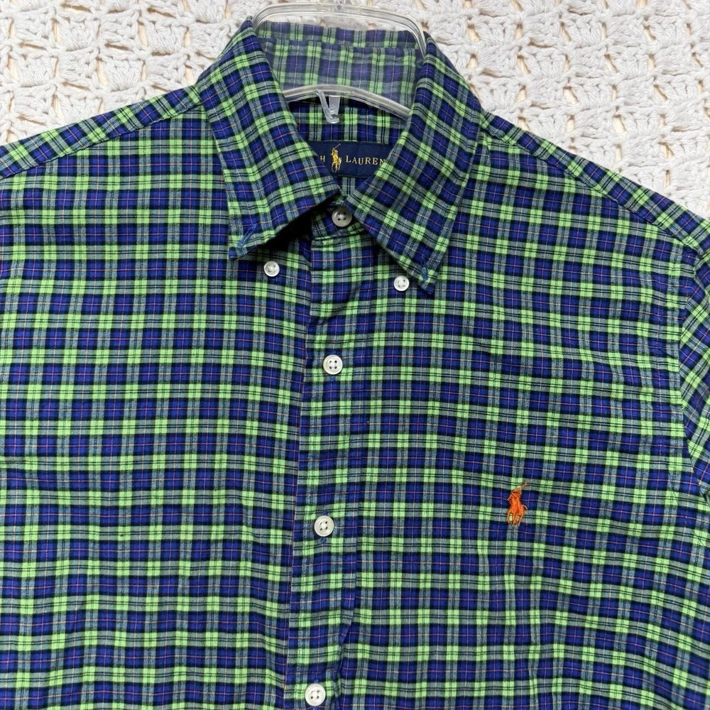 Ralph Lauren Shirt Mens S‎ Green Blue Orange Pony Check Button Down 100%Cotton