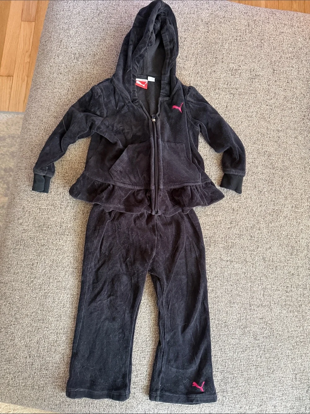 Puma Black Velour Girls Hoodie and Pants with Pink Puma Logos