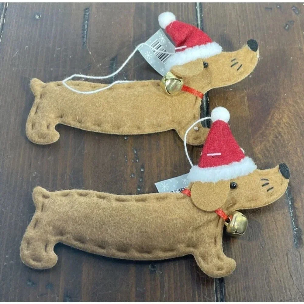 Dachshund Dog Brown Felt Santa Hat Christmas‎ Ornaments Bell Set Of 2 NEW