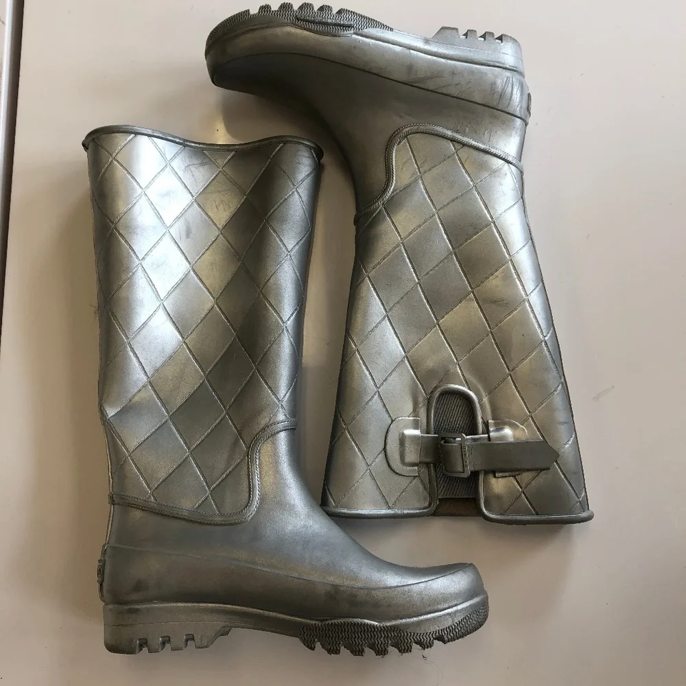 Sperry Pelican Tall Quilted Rain Boots Silver Metallic Size 6 Rainboots Wellies