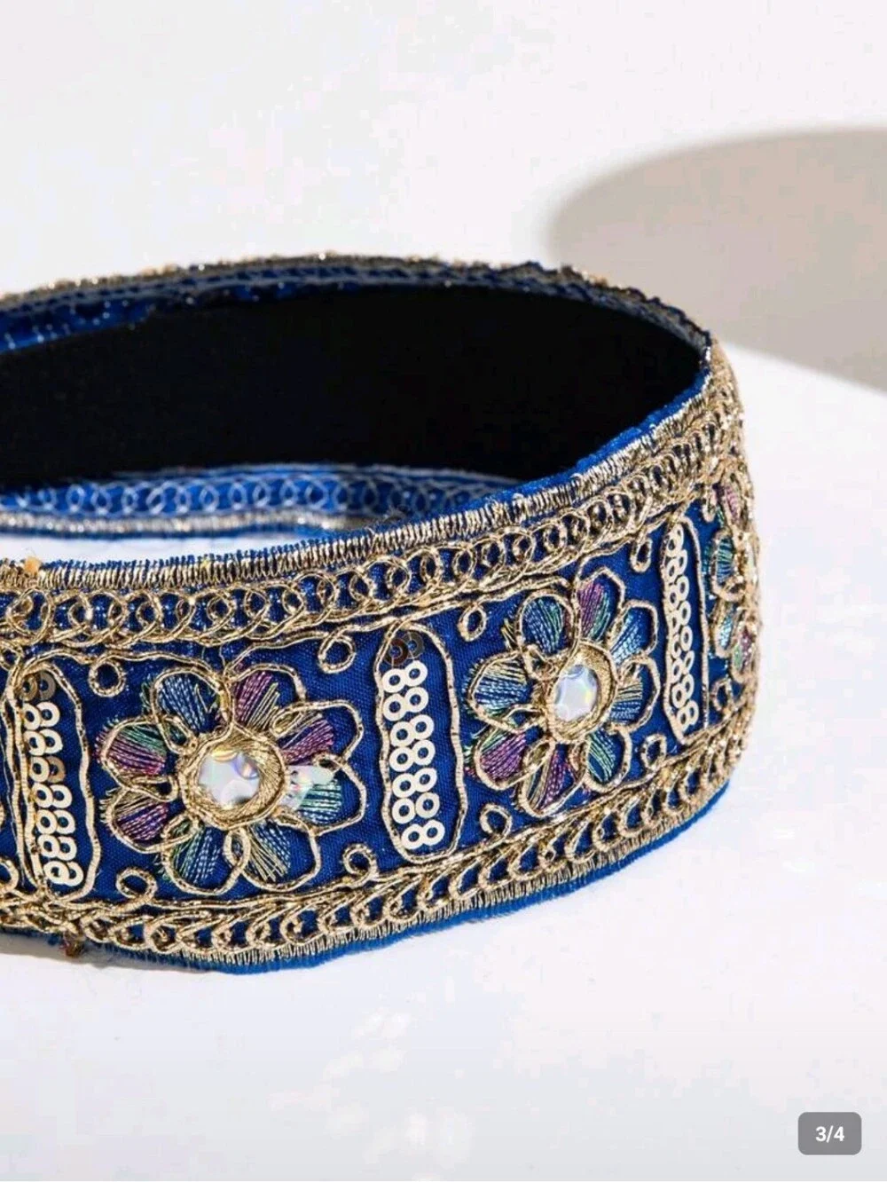 Boho Blue Gold Floral Embroidered Headband