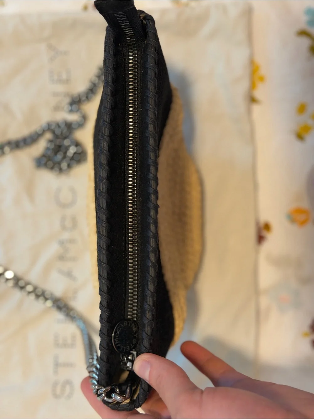 Stella McCartney Black & Natural Raffia Mini Falabella Crossbody Bag