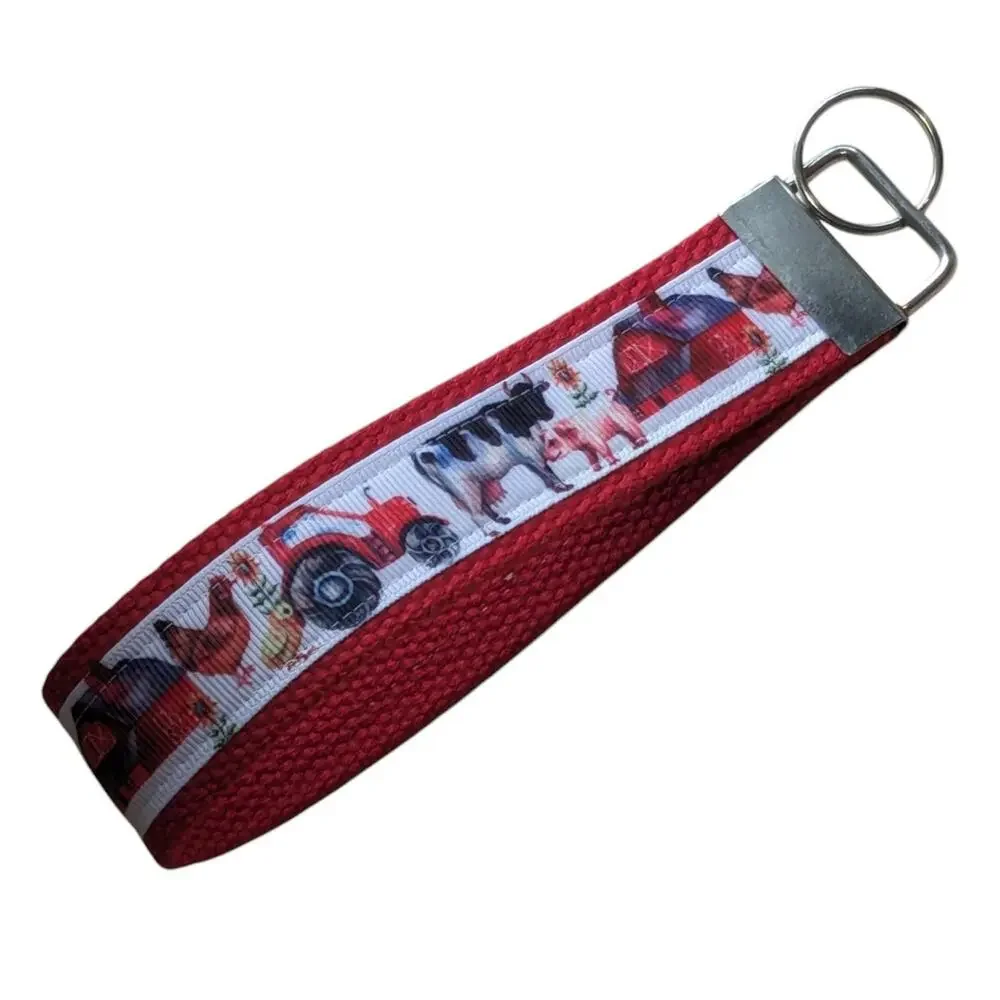 Farm Keychain Wristlet‎ Handmade Fabric Key FOB Cow Chicken Tractor Barn Farmer