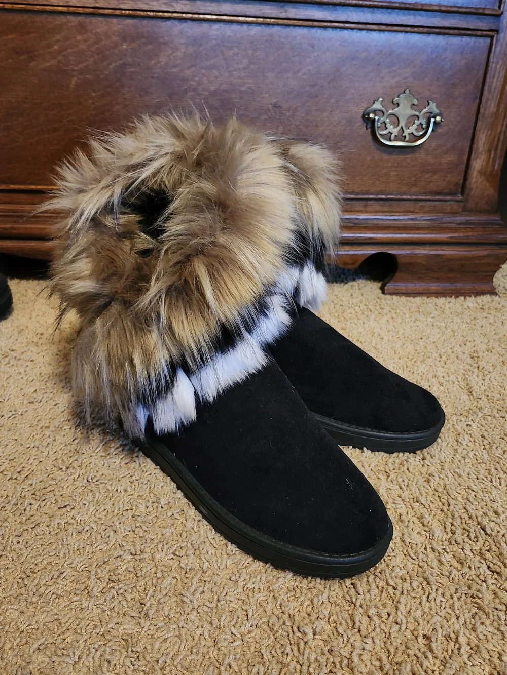 Black Suede Faux Fur Trim Women's Bootie
