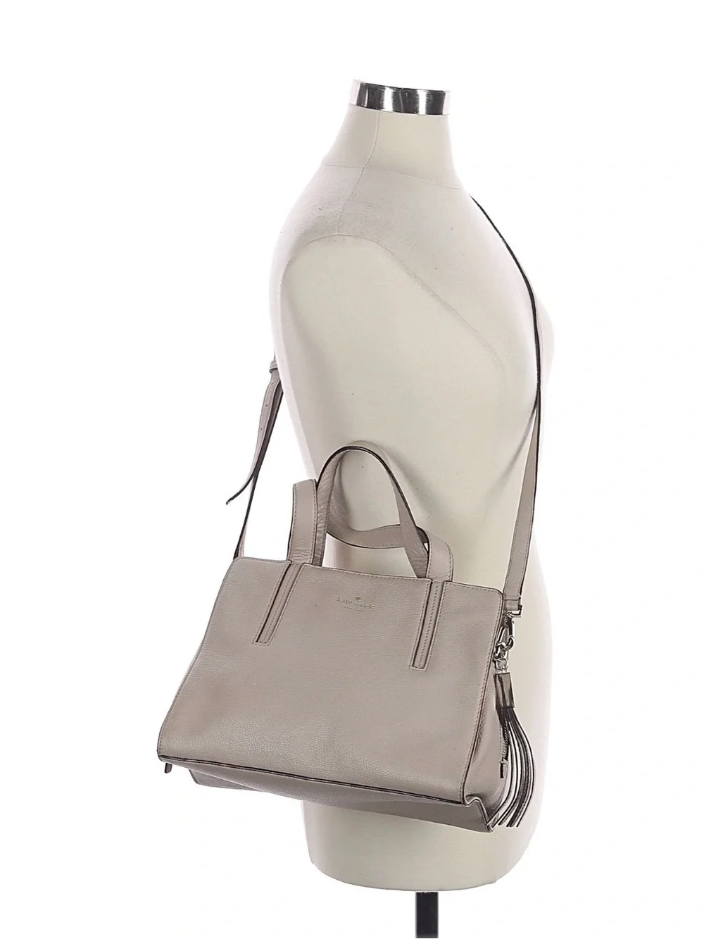 kate spade gray taupe leather satchel with tassel crossbody strap & tassel