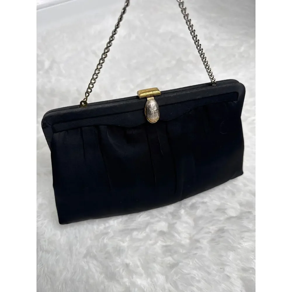 1950s After Five Black Satin Evening Clutch Rhinestone Clasp Coin Purse USA