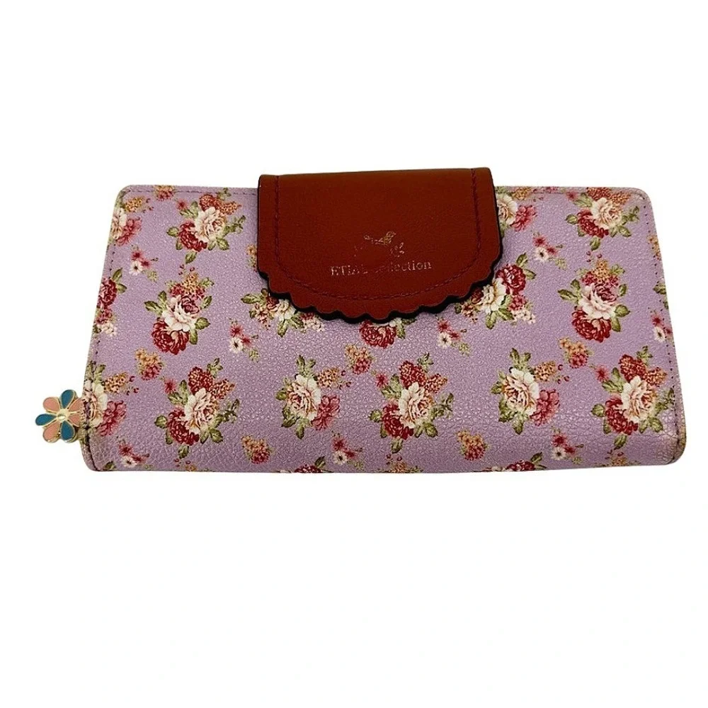 ETIAL Collection‎ Wallet Floral Print Scalloped Snap Zipper Purple Cottage Core