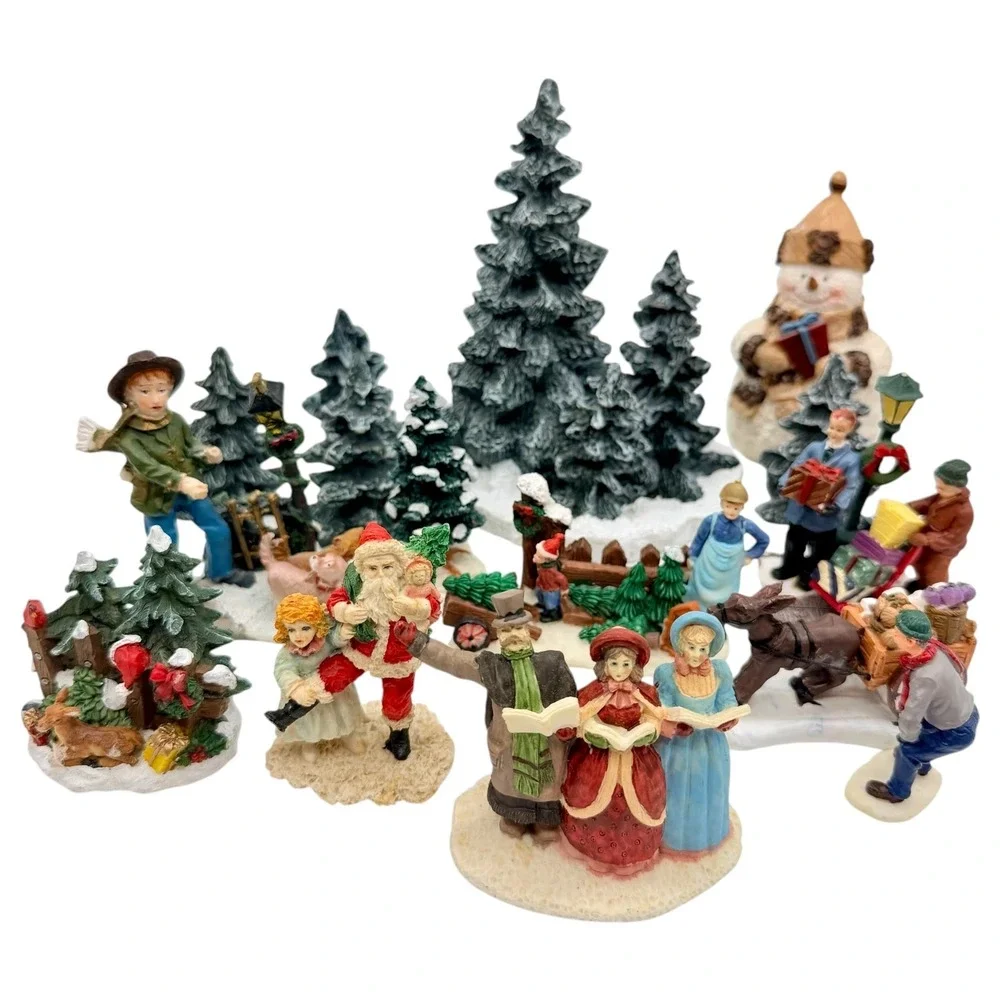 Unbranded Christmas Village‎ Figurine Set 12-Piece Winter Scene Trees Excellent