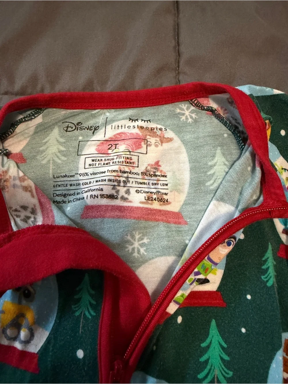 Little Sleepies Disney Green and Red Snow Globe Print Kids One-Piece Pajamas