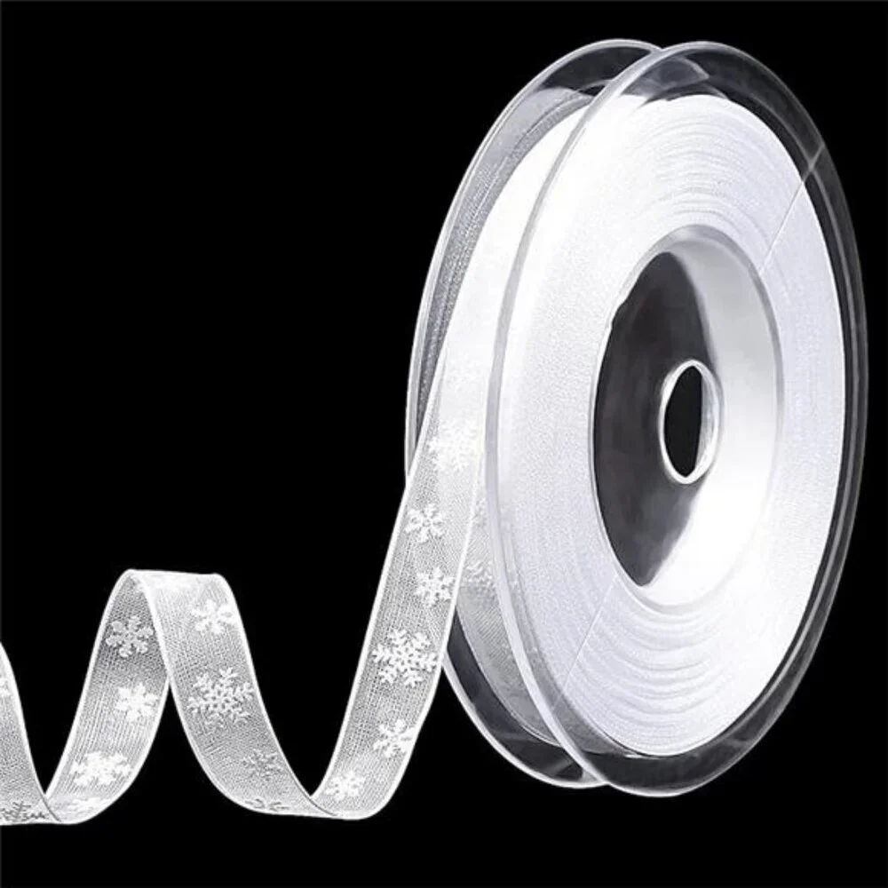 White Snowflake Christmas Ribbon 22 Yards Polyester for Gift Wrapping Crafts