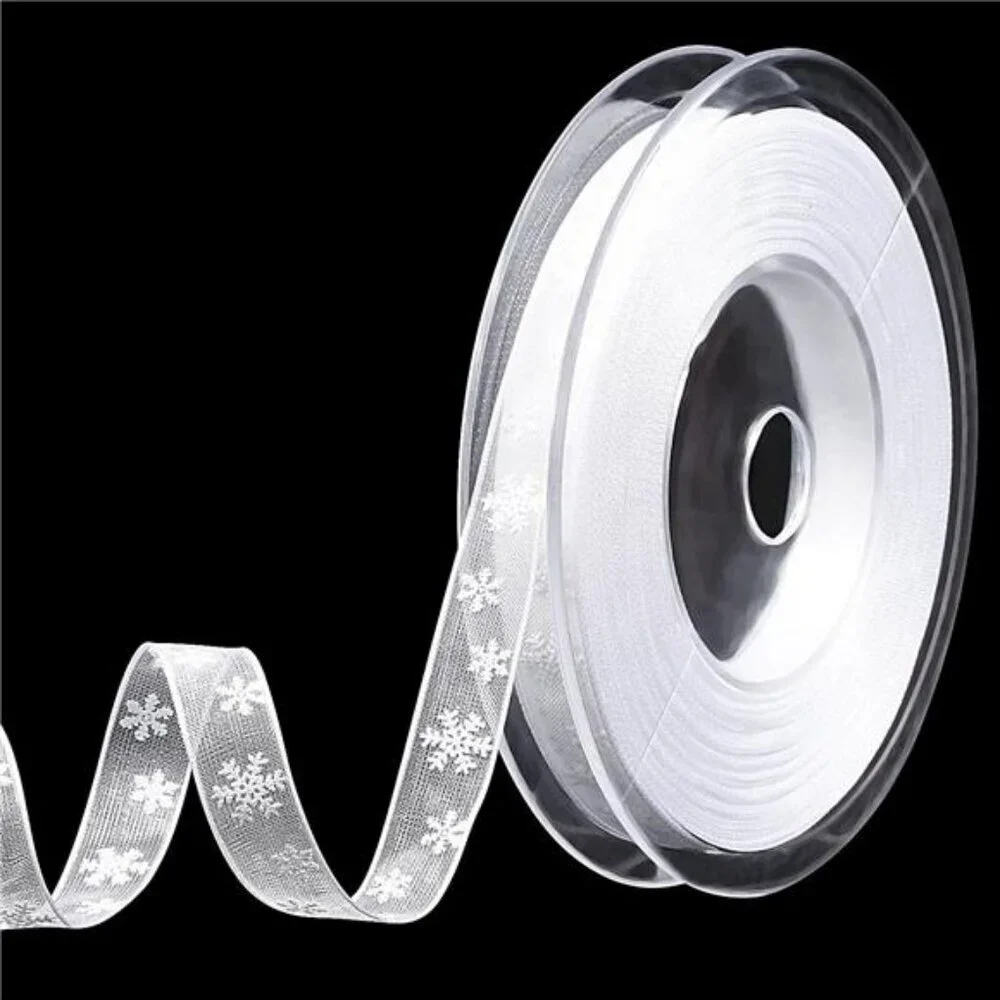 White Snowflake Christmas Ribbon 22 Yards Polyester for Gift Wrapping Crafts