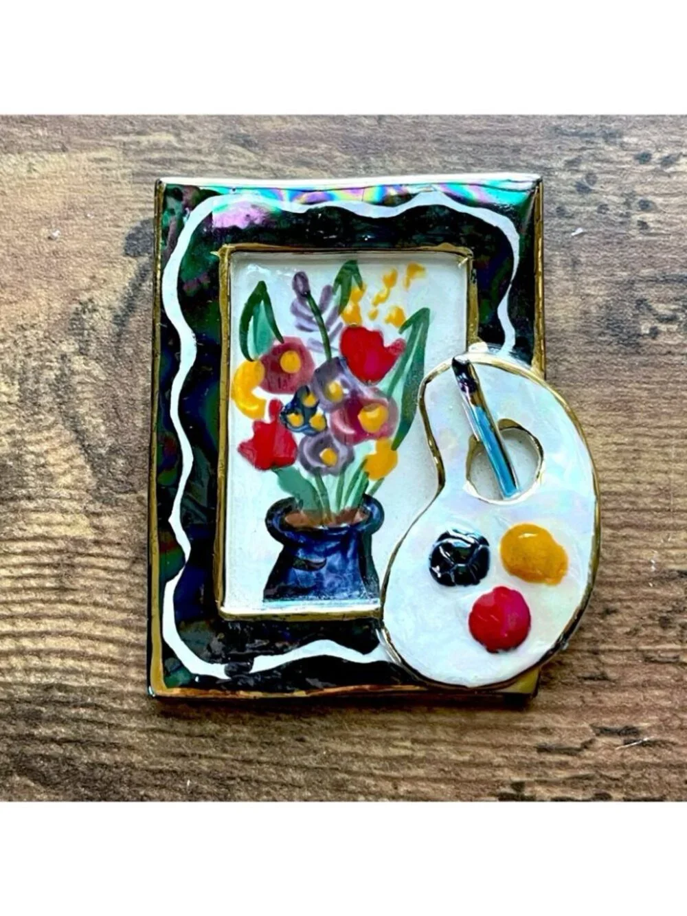 Vintage Artisan Ceramic Brooch Framed Floral Artist Painter Palette Pop Art Pin