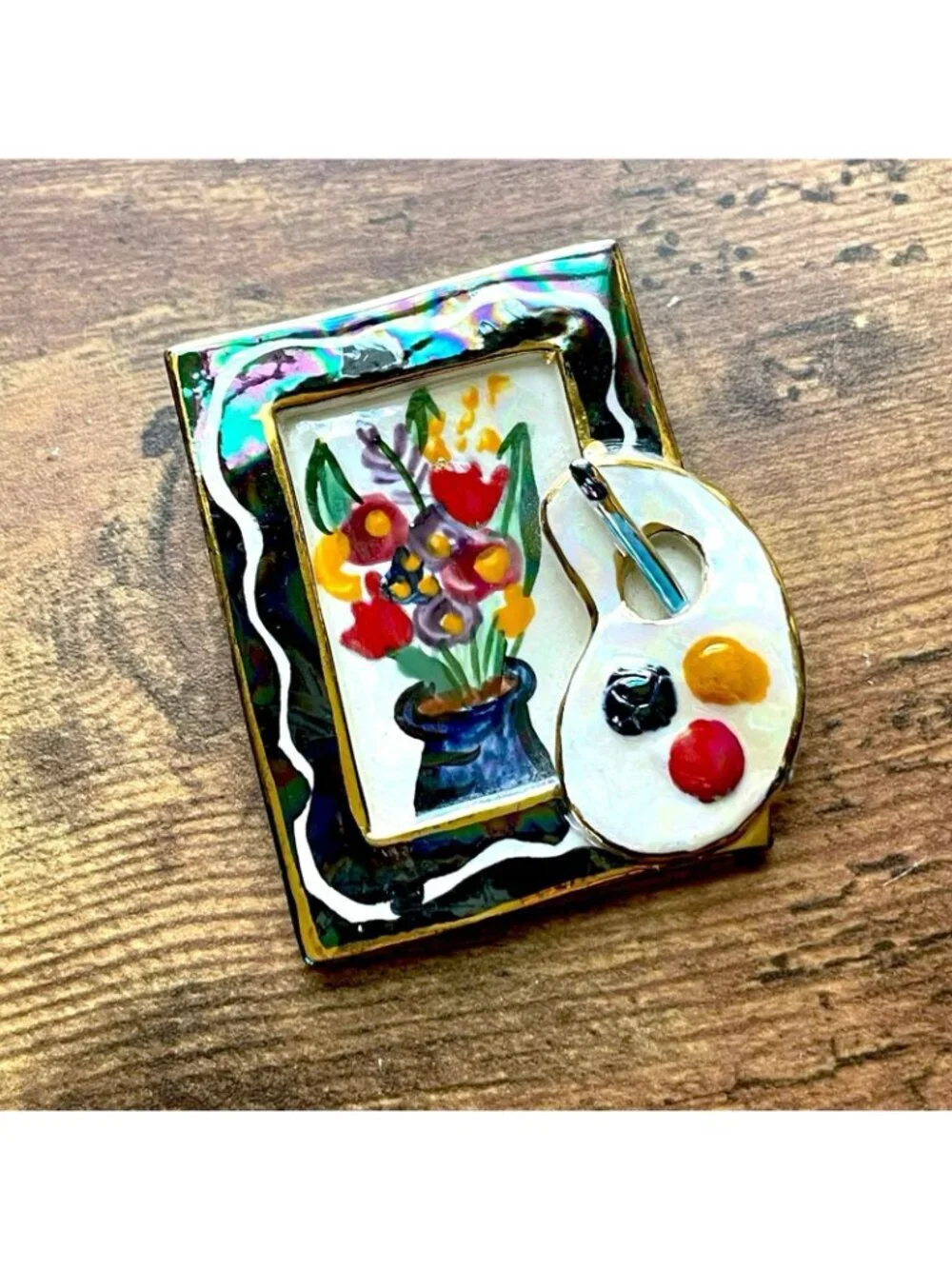 Vintage Artisan Ceramic Brooch Framed Floral Artist Painter Palette Pop Art Pin