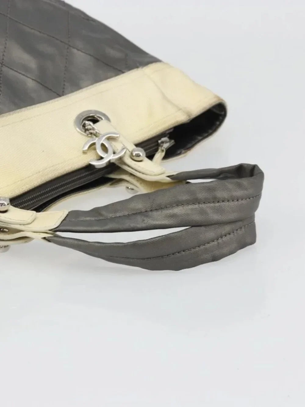 CHANEL Paris Biarritz GM Tote Bag Coated Canvas Gray Silver CC Auth bs34403