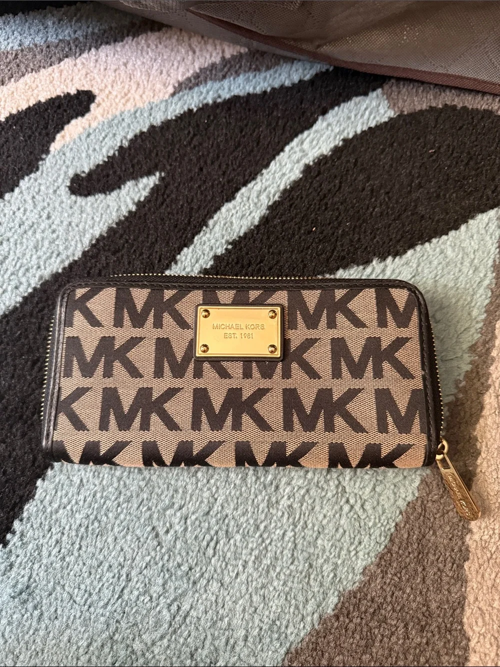 Michael Kors Brown and Black MK Logo Zip Wallet