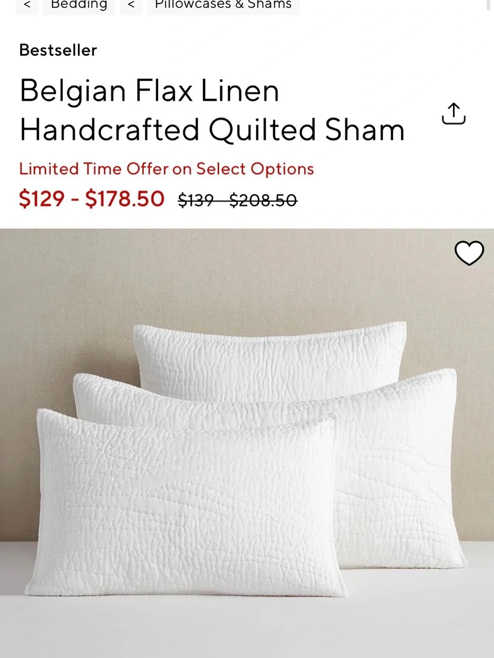Pottery Barn Belgian Flax Linen Handcrafted Quilted Sham - White