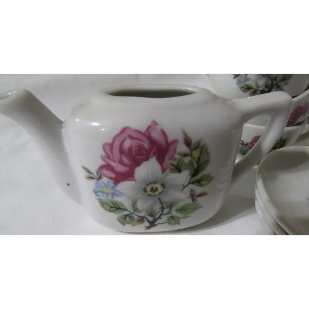 Child's tea set Vintage Japan 7 piece set miniature teapot red roses
