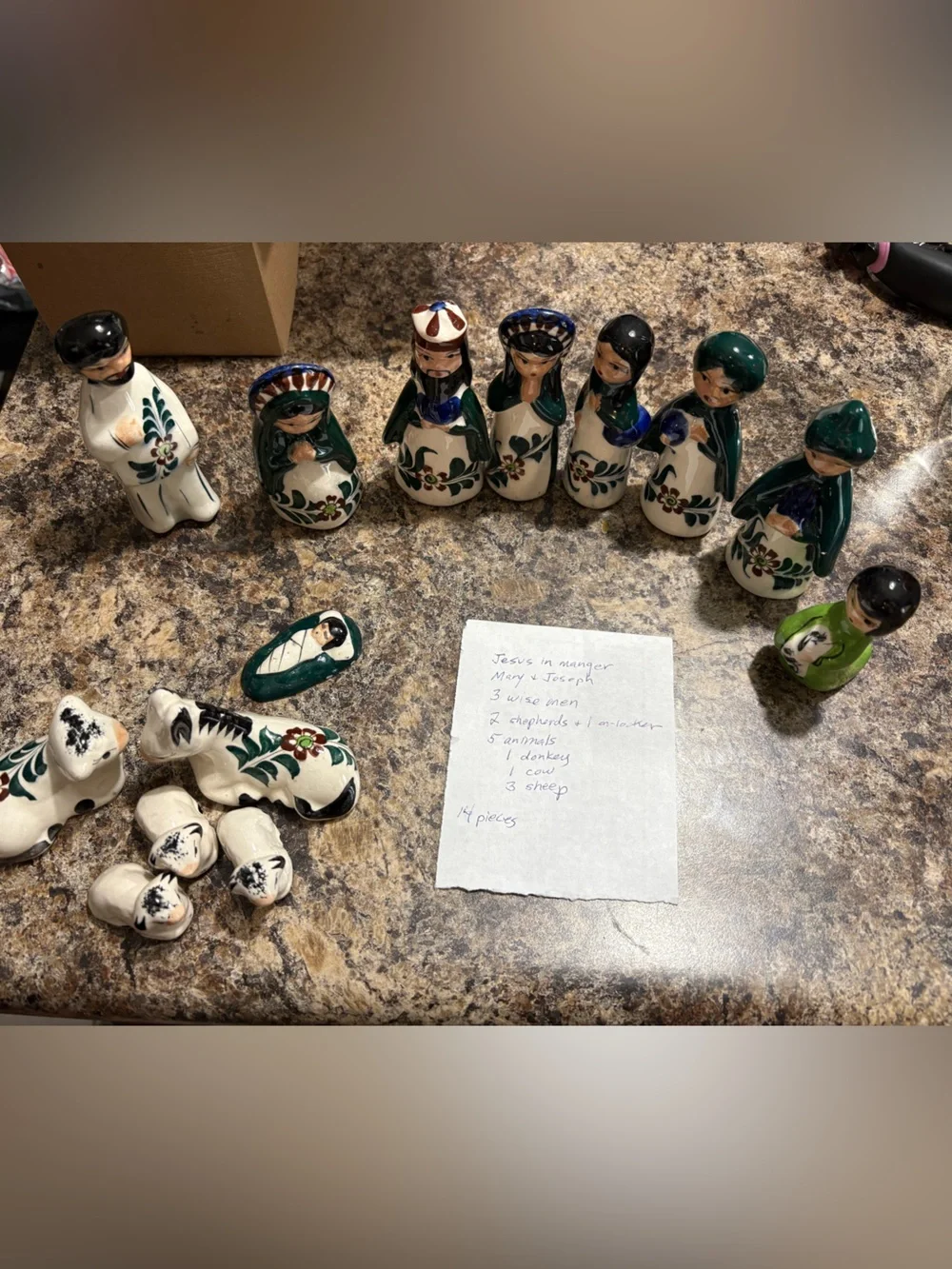 Hand-Painted Ceramic Nativity Figures in Cream and Green