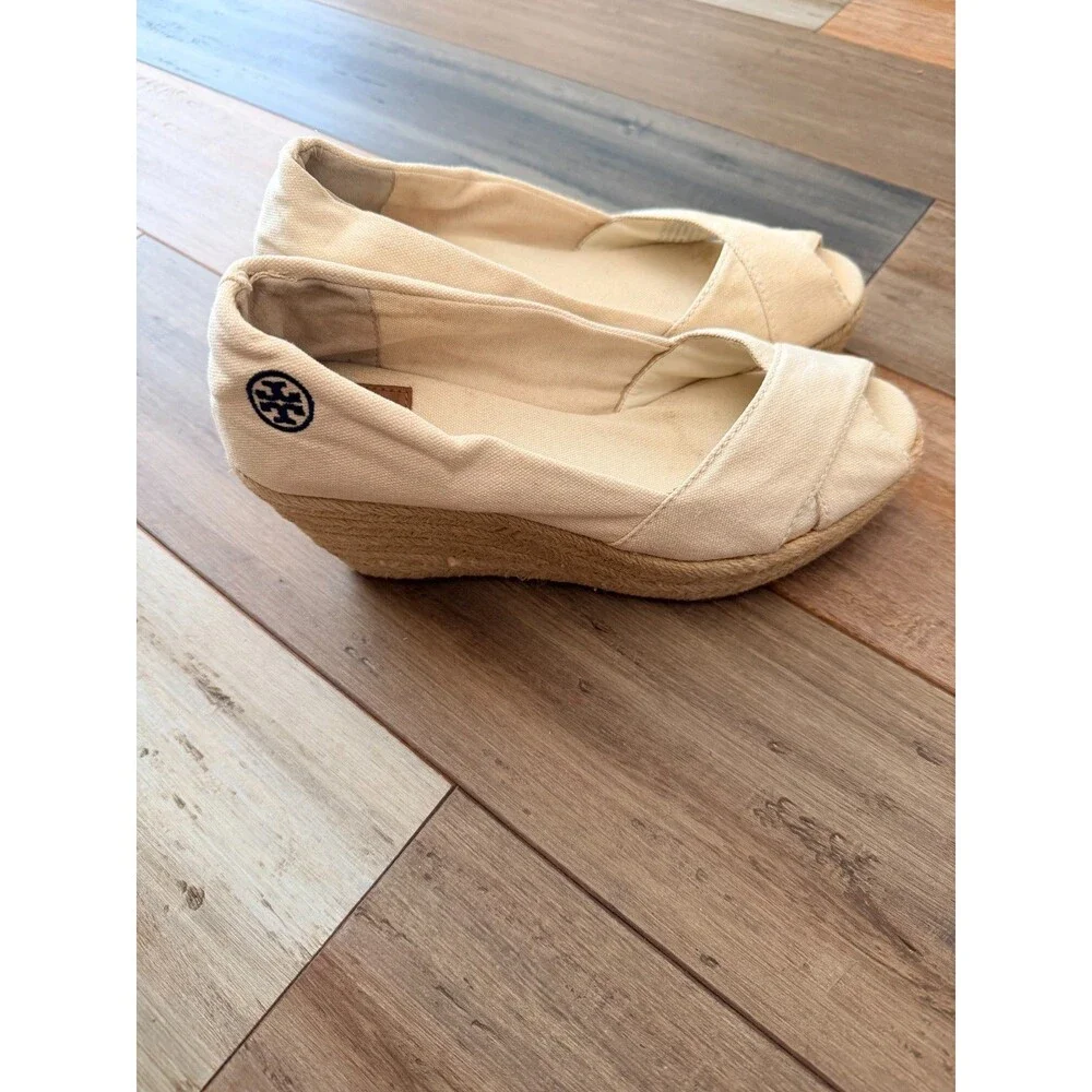 Tory Burch Canvas Jute Peep Toe Wedge Espadrilles Cream Size 8.5 M  Classic