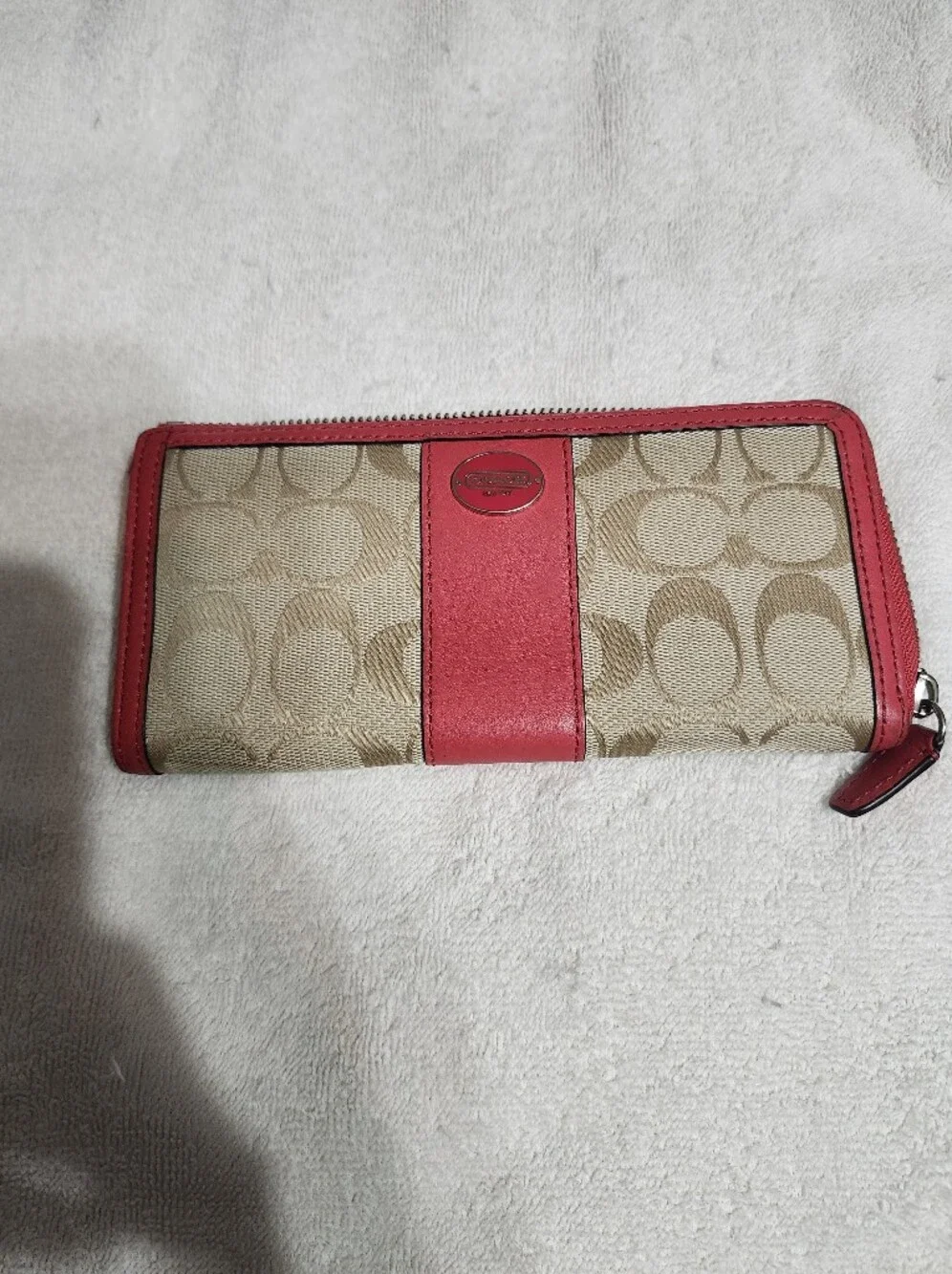Coach Signature Canvas Zip Wallet with Pink Trim