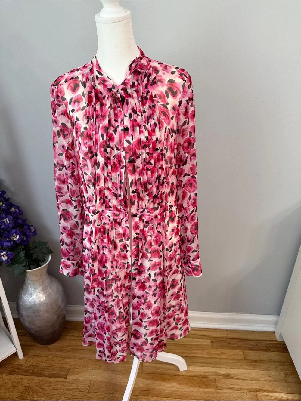 kate spade Pink and Fuchsia Floral Tie-Neck Long-Sleeve Dress