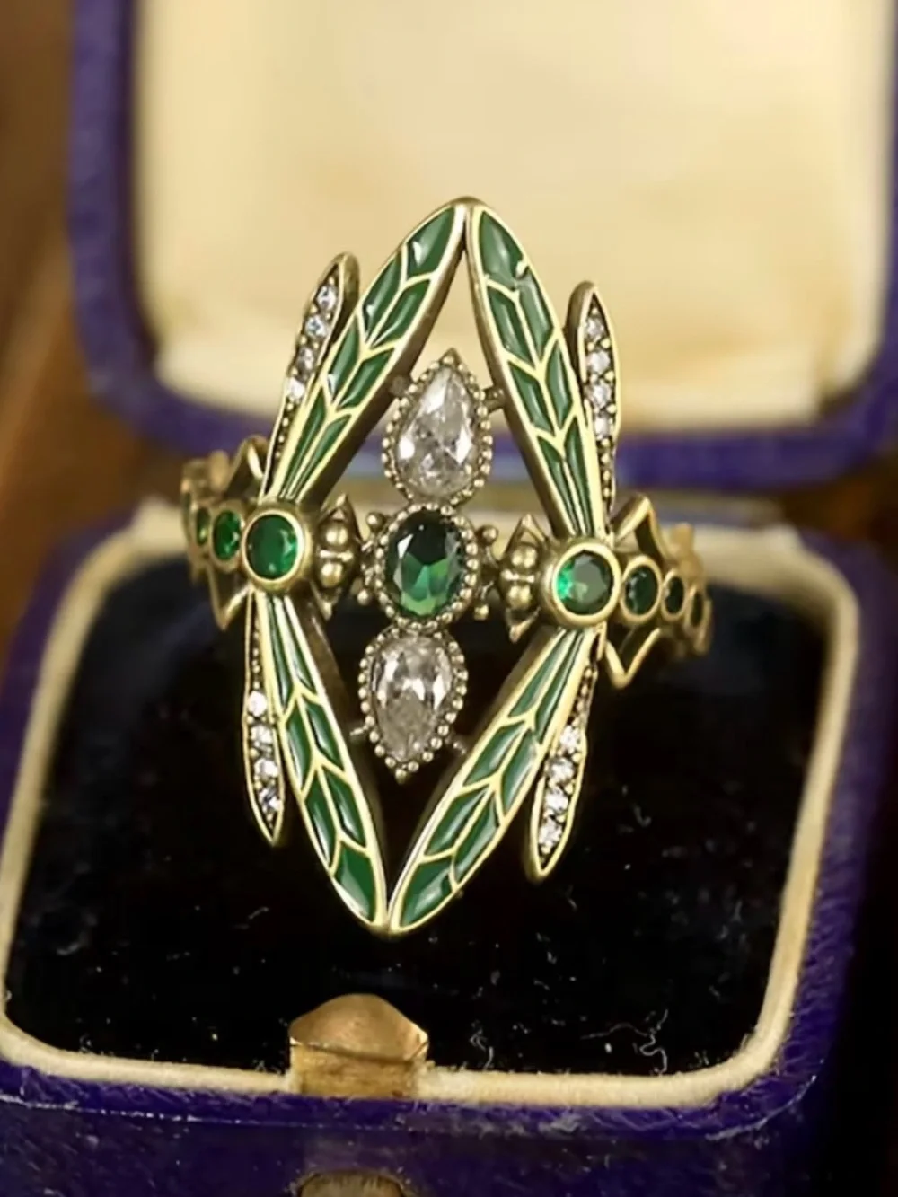 NEW! Green Enamel Dragonfly Ring with Emerald and Crystal Accents.