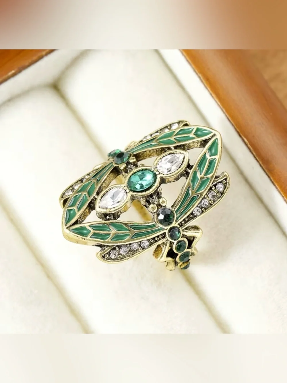 NEW! Green Enamel Dragonfly Ring with Emerald and Crystal Accents.