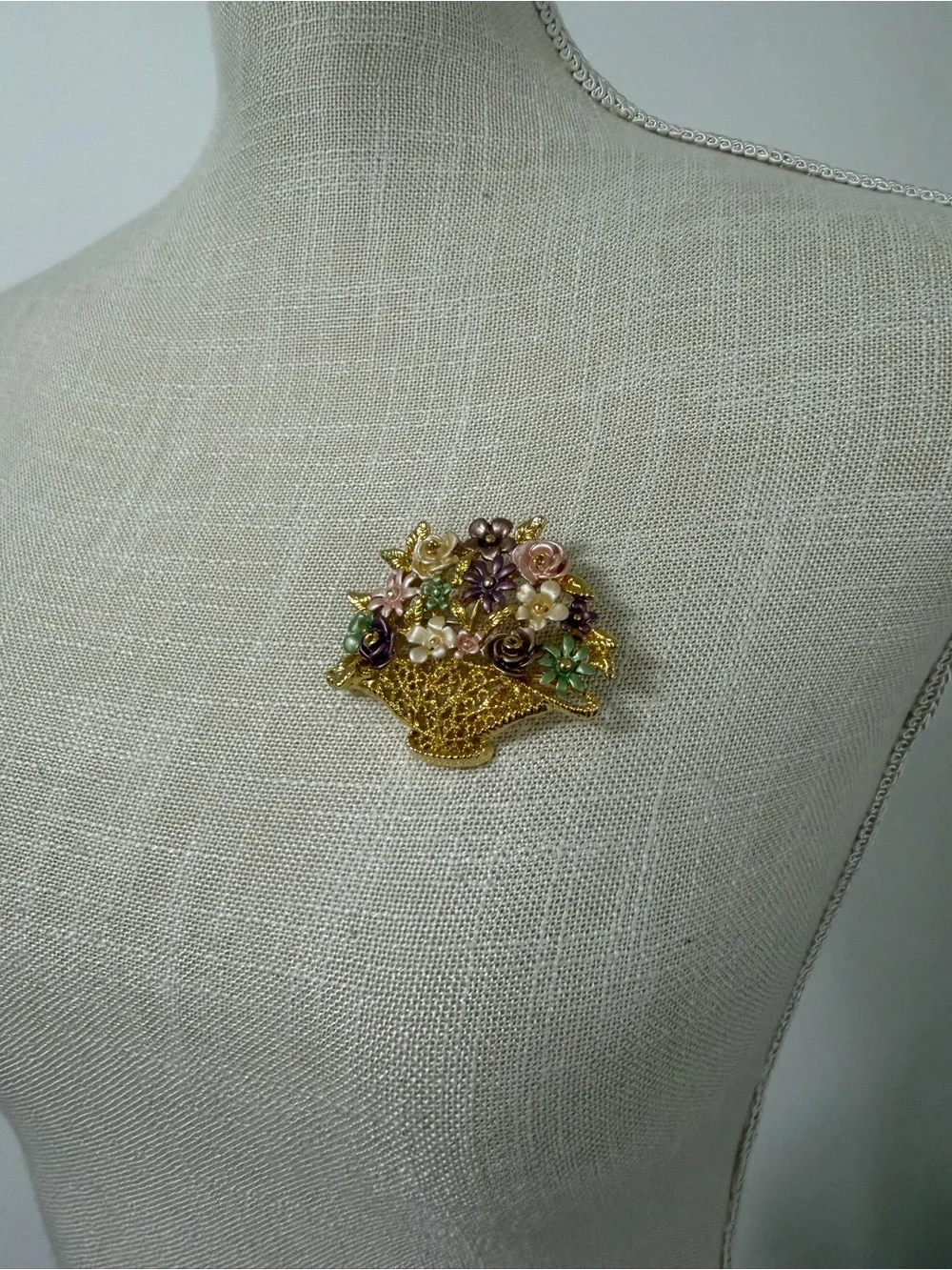 Vintage Flower Basket Brooch Pin Gold Toned