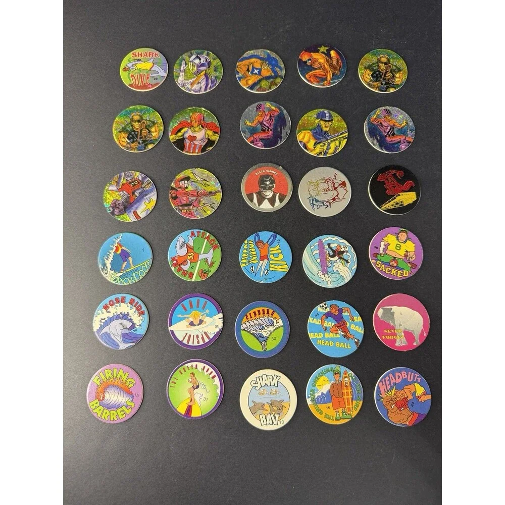 Large 90s Vintage POGs Lot of 30– Mixed Designs, Holographic, Superhero, Sports
