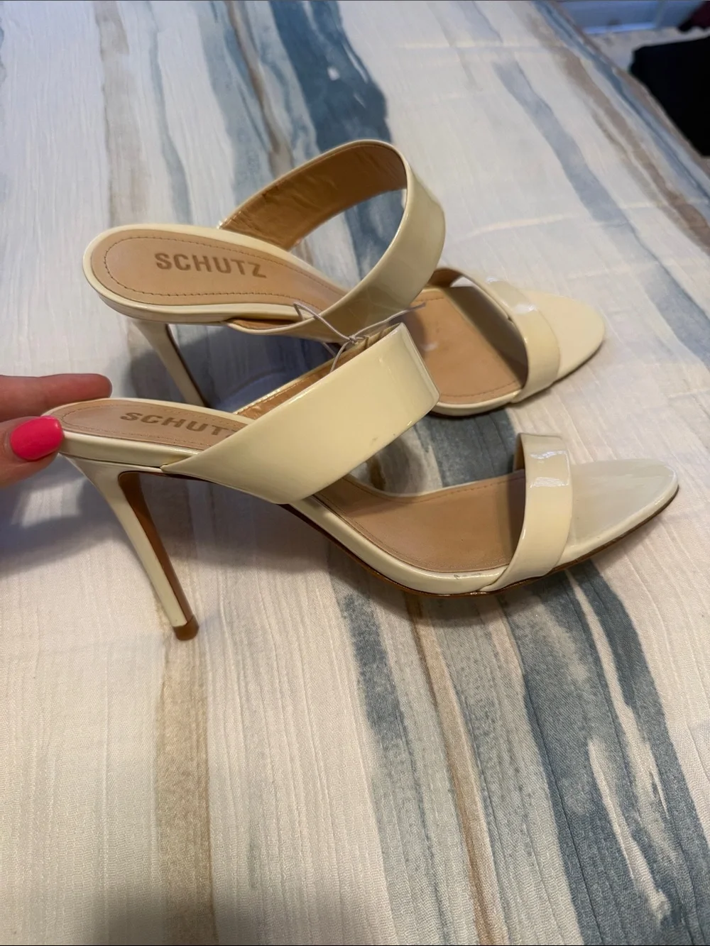 SCHUTZ Cream Patent Leather Strappy Stiletto Sandals