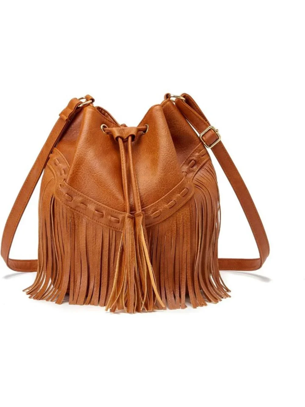 Stylish Leather Bucket Bag for Women - Crossbody Fringe Purse with Tassels