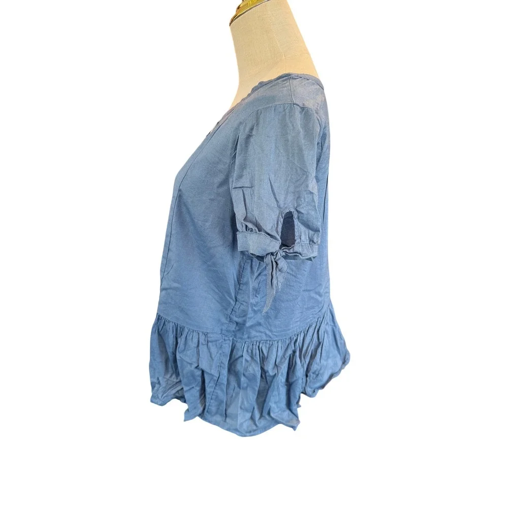 J. Crew Blue Embroidered Peplum Top‎ Tie Sleeve Cotton Chambray Blouse Size 8