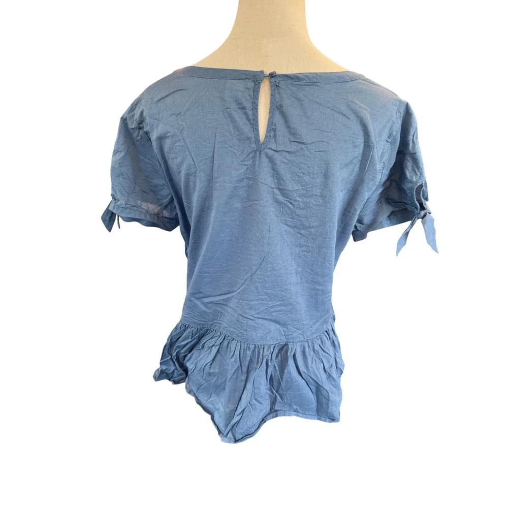 J. Crew Blue Embroidered Peplum Top‎ Tie Sleeve Cotton Chambray Blouse Size 8