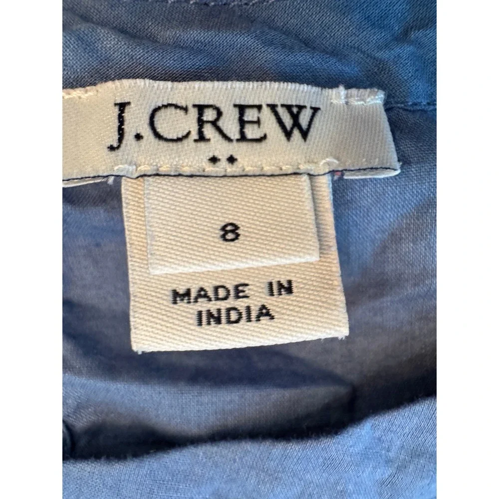 J. Crew Blue Embroidered Peplum Top‎ Tie Sleeve Cotton Chambray Blouse Size 8
