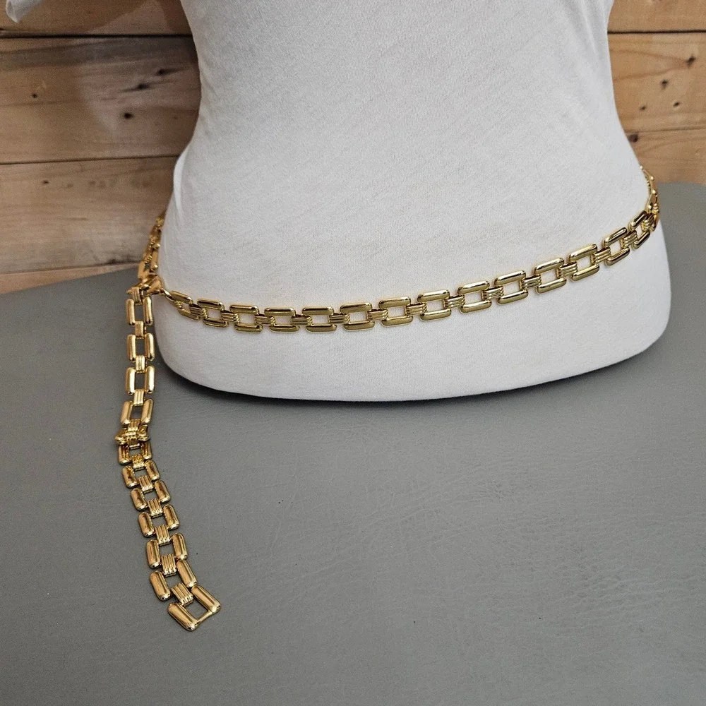 Gold Tone Square Chain Belt Ribbed Adjustable Lobster Clasp 43
