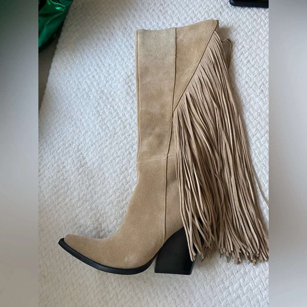 Jeffrey Campbell Women’s Cattle Fringe Knee-High Beige Boots 6.5 New