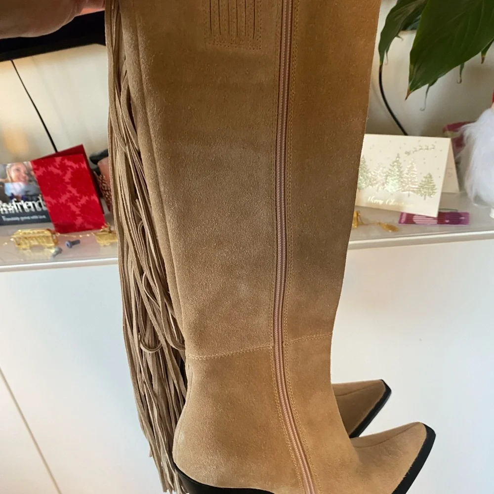 Jeffrey Campbell Women’s Cattle Fringe Knee-High Beige Boots 6.5 New