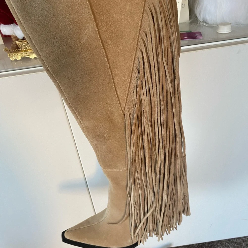 Jeffrey Campbell Women’s Cattle Fringe Knee-High Beige Boots 6.5 New