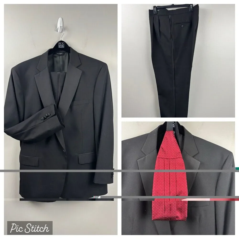 Vtg JOS A BANK Men’s 50L Tuxedo Set 100% Wool Black - Cummerbund & Garment Bag