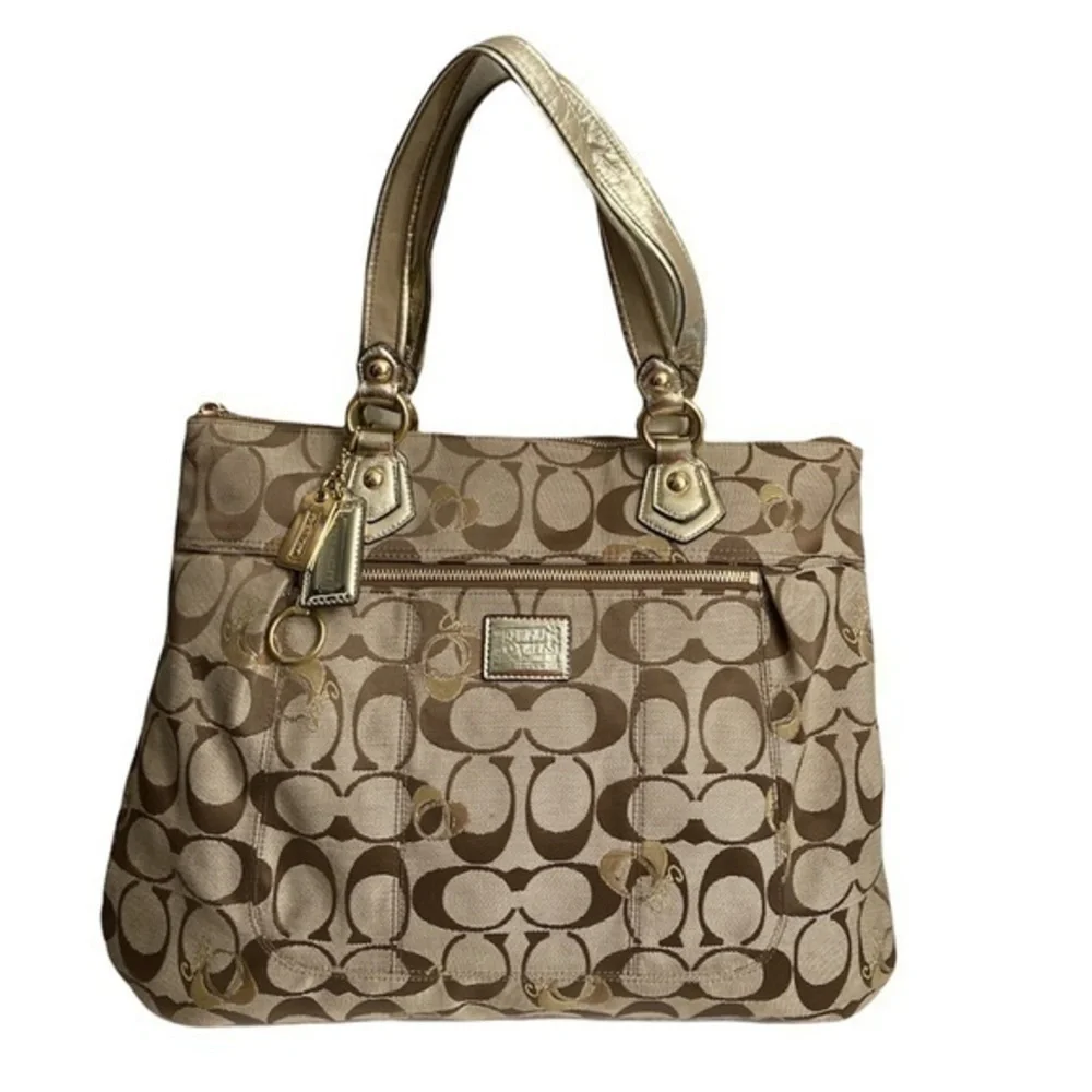 Coach vintage y2k signature poppy brown signature c tote bag gold hearts RARE