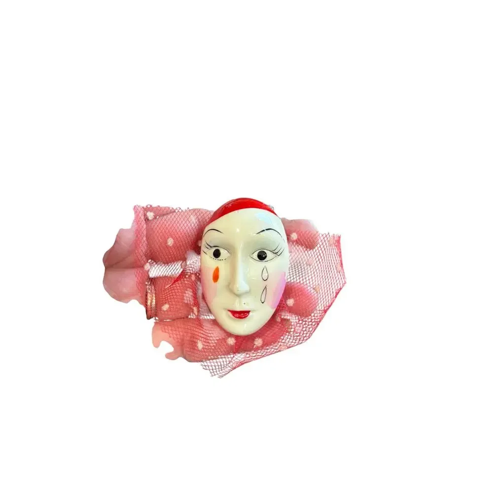 Vintage Pierrot Clown Face Brooch Red Flocked Veil Art Mask Harlequin