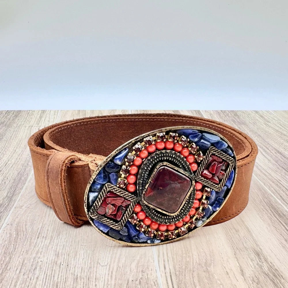 Leatherock Brown Leather Belt w/ Beautiful Stone Embellished Buckle XS 28”-32”