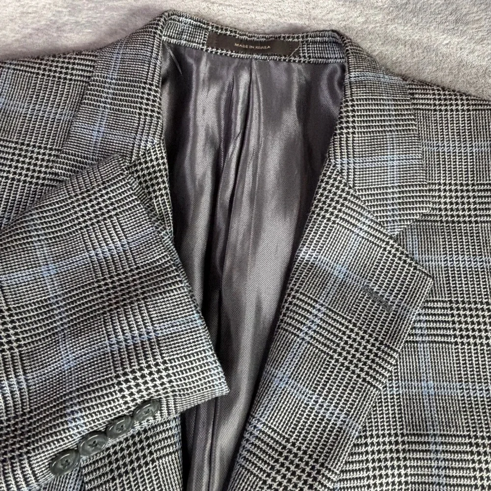 Tasso Elba Sport Coat Men 42R Grey Blue Silk Camel Hair Glen Plaid Blazer Jacket
