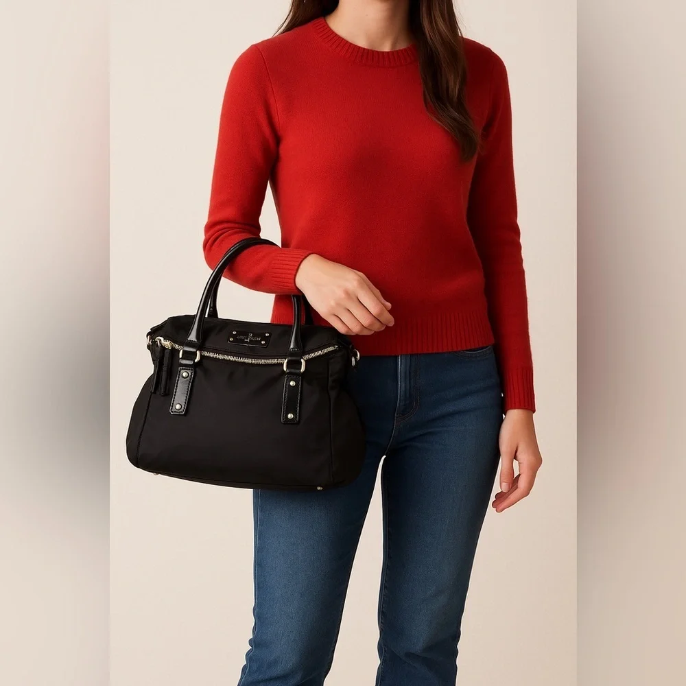 Kate Spade New York Fold Over Black Nylon with Black‎ Patent Leather Handles