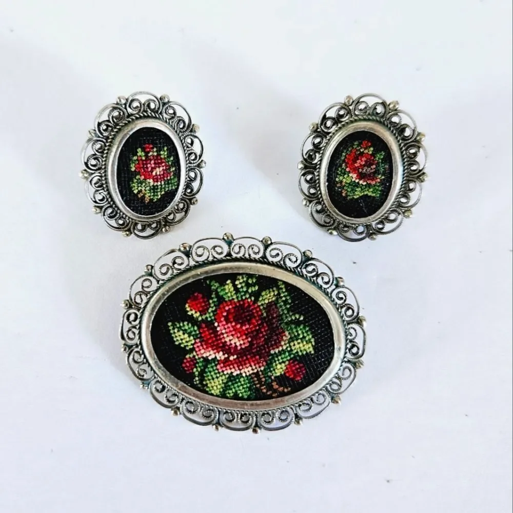 Vintge Demi Parure Petit Point Floral Needlework Filigree Earring Brooch Pin Set