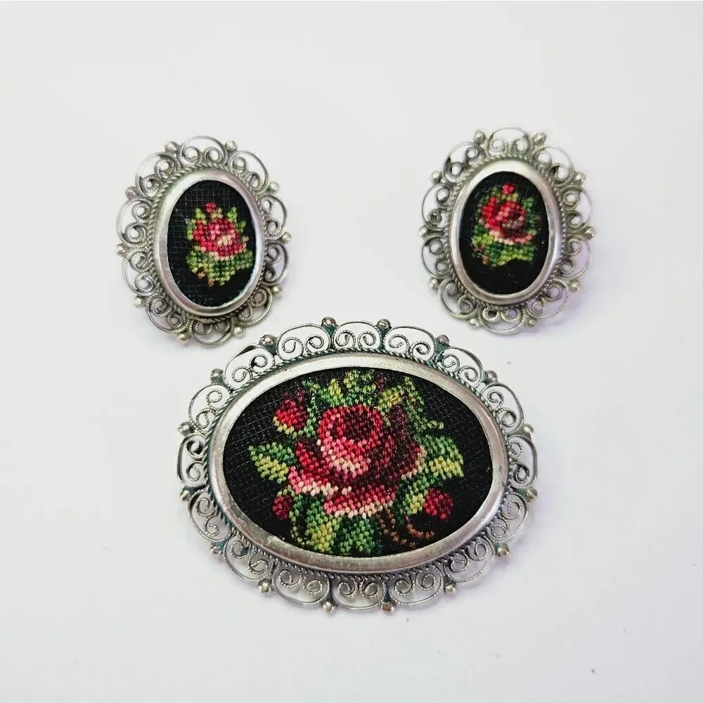 Vintge Demi Parure Petit Point Floral Needlework Filigree Earring Brooch Pin Set