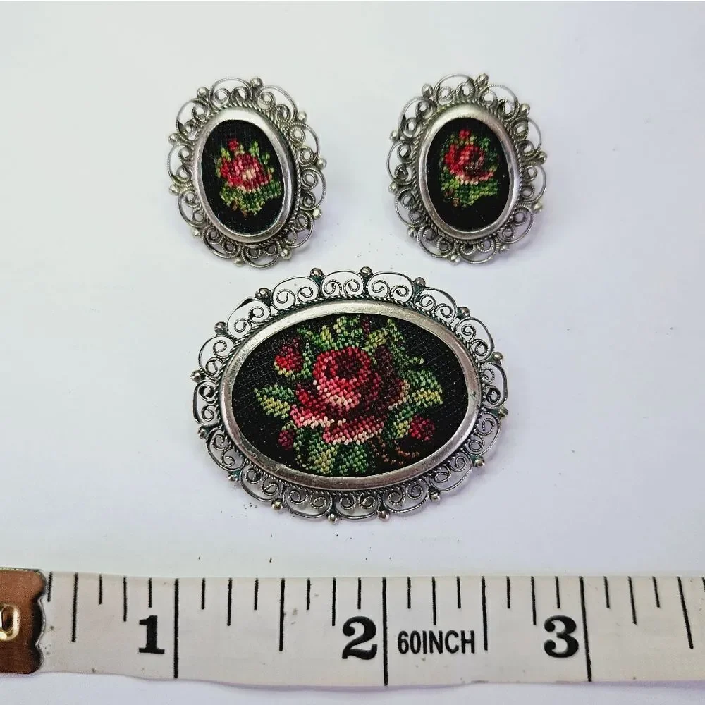 Vintge Demi Parure Petit Point Floral Needlework Filigree Earring Brooch Pin Set