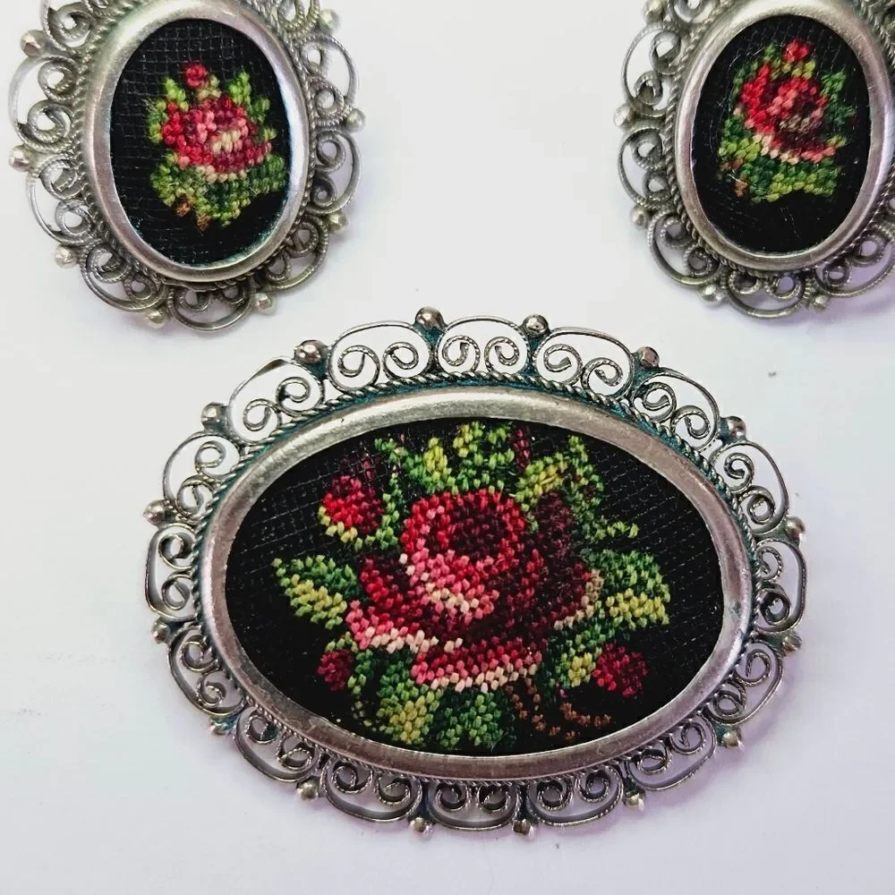 Vintge Demi Parure Petit Point Floral Needlework Filigree Earring Brooch Pin Set